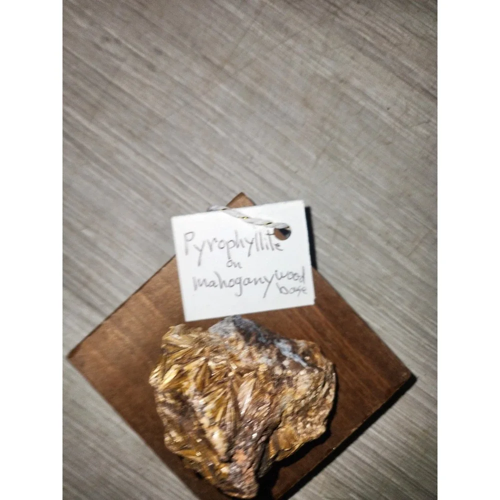 Pyrophyllite Crystal Mineral Specimen on Mahogany Wood Base Golden Bronze Luster
